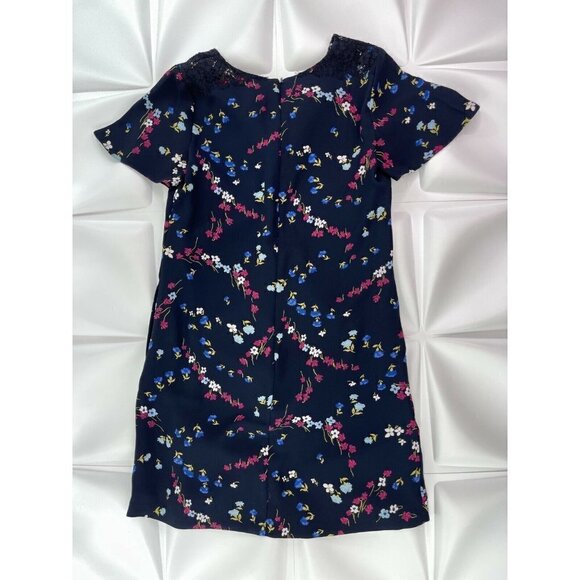 Ann Taylor Sz S Blue Floral Print V Neck Shift Dress Eyelash Lace Detail - Picture 4 of 7